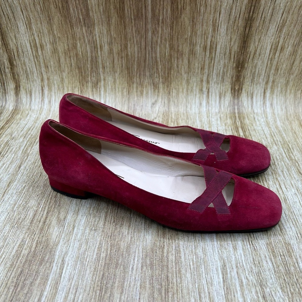 Salvatore Ferragamo Pumps Women's Size 9 Red Suede Square Toe Ribbon Heel A2292A